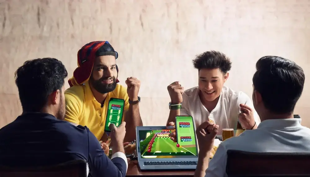 Skyexchange team members discussing cricket around a table