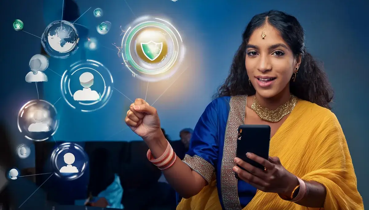 Woman with phone and shield icons recovering her Skyexchange account