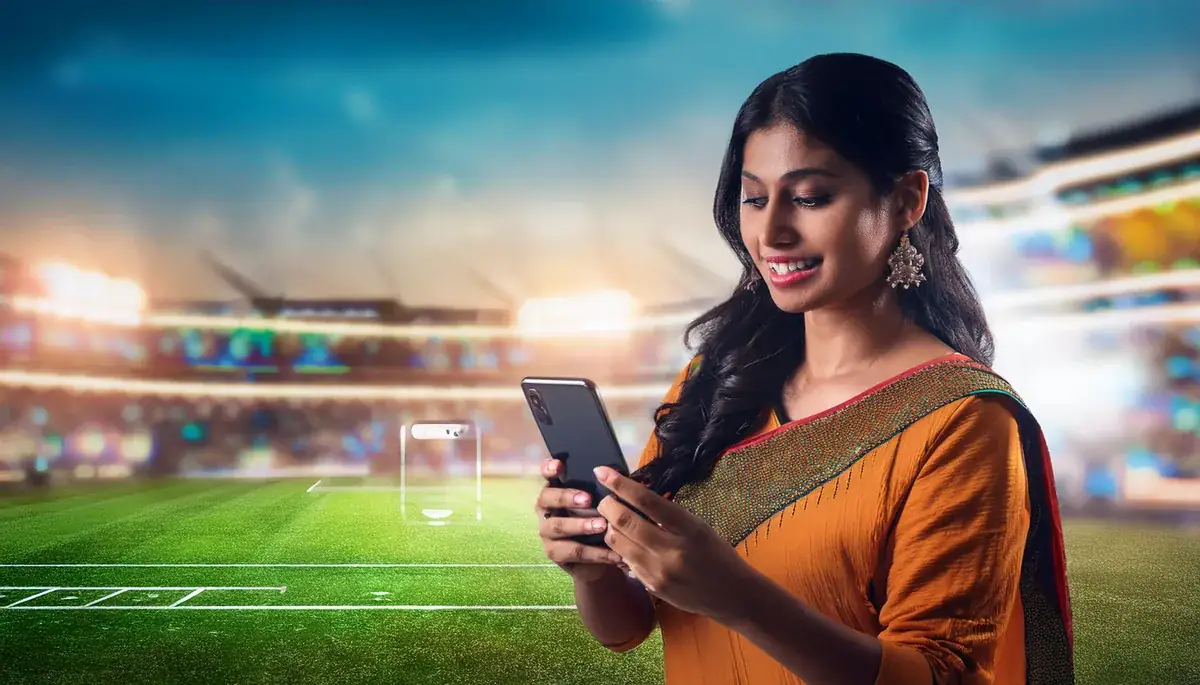 Woman browsing Skyexchange on her mobile phone at a cricket ground
