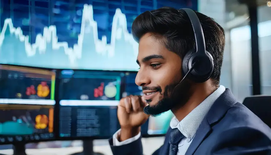 Skyexchange support agent wearing a headset at his desk