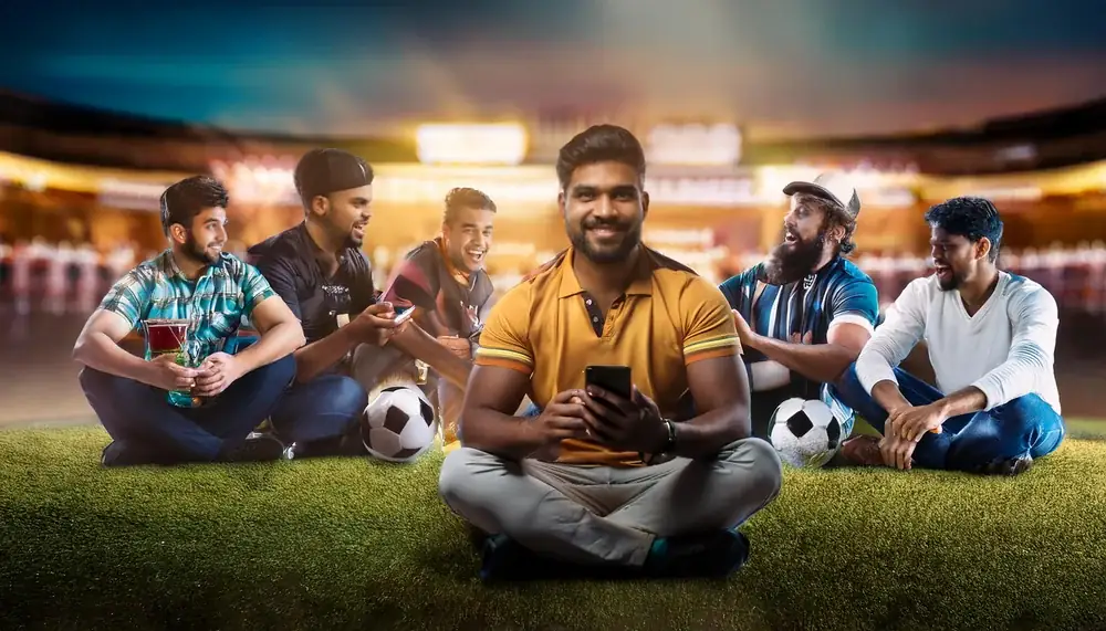Group of Skyexchange agents sitting together inside a cricket stadium