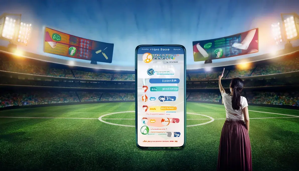 Hand holding a phone with the Skyexchange app open at a stadium